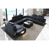 Sofa Dreams Wohnlandschaft Leder Couch Sofa Elena U Form Ledersofa, U-Form Ledersofa mit LED-Beleuchtung schwarz