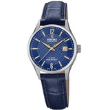 Festina Uhr Für Damen F20009/3 Swiss Made Silber Edelstahl Case BlauLeder Band