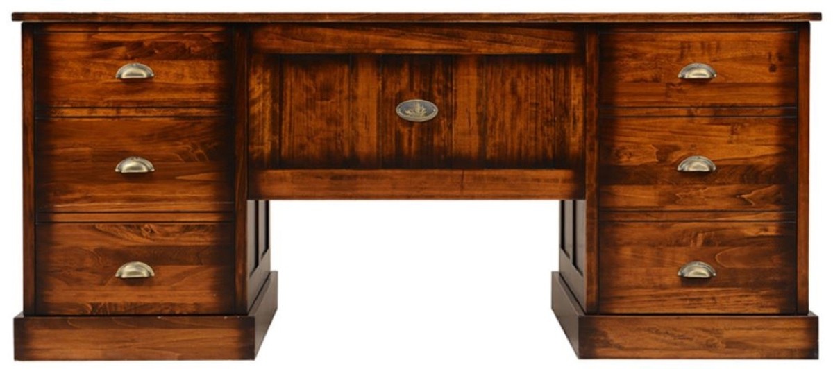 Casa Padrino Luxus Vintage Stil Schreibtisch Braun 180 x 80 x H. 78,5 cm - Massivholz Bürotisch mit 12 Schubladen - Vintage Stil Büro Möbel - Luxus Büro Möbel - Massivholz Büro Möbel