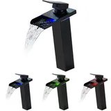 KEOKBON LED Schwarz Wasserfall Wasserhahn Hoch, RGB 3 Farbewechsel Waschtischarmatur Einhebelmischer mit Temperatursensor Waschbeckenarmatur Edelstahl 304 für Badezimmer, 2 Schlauches(G3/8" x 50cm )