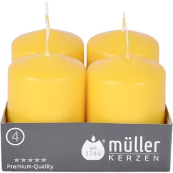 Müller Kerzen Stumpenkerze, goldgelb 2400624837 , 1 Packung = 4 Stück, (Ø x H): 48 x 62 mm