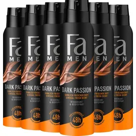 Fa Men Dark Passion (6x 150 ml), Deospray mit sinnlich-frischem Duft, Deo ohne Aluminium für bis zu 48 h Deo-Schutz, hinterlässt keine Deo-Rückstände