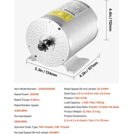 Vevor 2000 W elektrischer bürstenloser Gleichstrommotor-Bausatz – 48 V 4300 U/min 4,8 Nm Elektromotor mit verbessertem Drehzahlregler, Ideal für Go Karts E-Bike Motorrad Roller