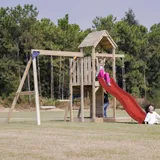 AXI Spielturm Moos mit Doppelschaukel Braun und Rutsche Rot FSC®