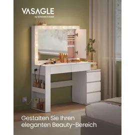 VASAGLE Schminktisch mit LED-Beleuchtung, Frisiertisch mit Spiegel, Schmuckschrank, Steckdosenleiste,modern