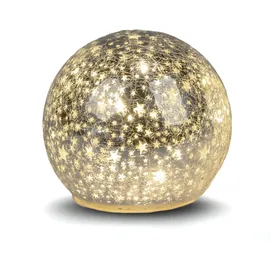 Formano Deko-Kugel 12 cm Sterne Silber Glaskugel Timer 6h / 18h beleuchtet - Batteriebetrieben - glänzende Crackle-Optik - Herbst Winter Weihnachtsdeko für Tisch Regal Fensterbank