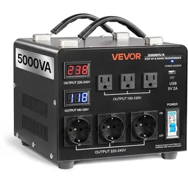 Vevor Spannungswandler-Transformator, 5000 VA, Hochleistungs-Aufwärts-/Abwärtstransformator, 110 V auf 220 V & 220 V auf 110 V, mit 3 US-Steckdosen, 3 EU-Steckdosen, LCD-Display, Schutzschalter