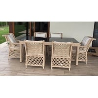 Casa Padrino Luxus Rattan Gartenmöbel Set Naturfarben - 1 Rattan Garten Esstisch mit Glasplatte & 6 Rattan Gartenstühle mit Armlehnen - Moderne Luxus Rattan Garten & Terrassen Möbel