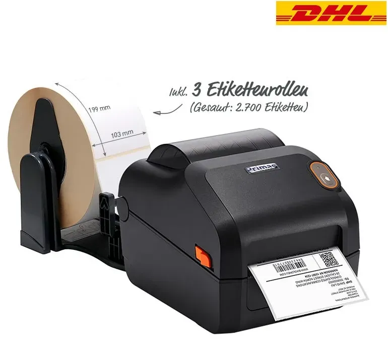 DHL Versand-Starter-Set – Primas XD3-40d – Etikettendrucker mit Abwickler USB / 203 dpi / mit Abrisskante