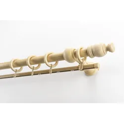 Gardinenstange GARESA "NOVA", beige (natur), L:190cm Ø:28mm, Holz, Gardinenstangen, Vorhanggarnitur Holz, verlängerbar, Wandmont.,mit Ringe/2 Lauf Gleiter