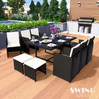 Swing&Harmonie Poly Rattan Sitzgruppe Esstisch Lounge Gartenmöbel Sitzgarnitur Set + 6x Stühle + 4x Hocker - schwarz