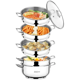 BEM Dampfkocher: 6-tlg Set aus Edelstahl 18/10, mit Glasdeckel,