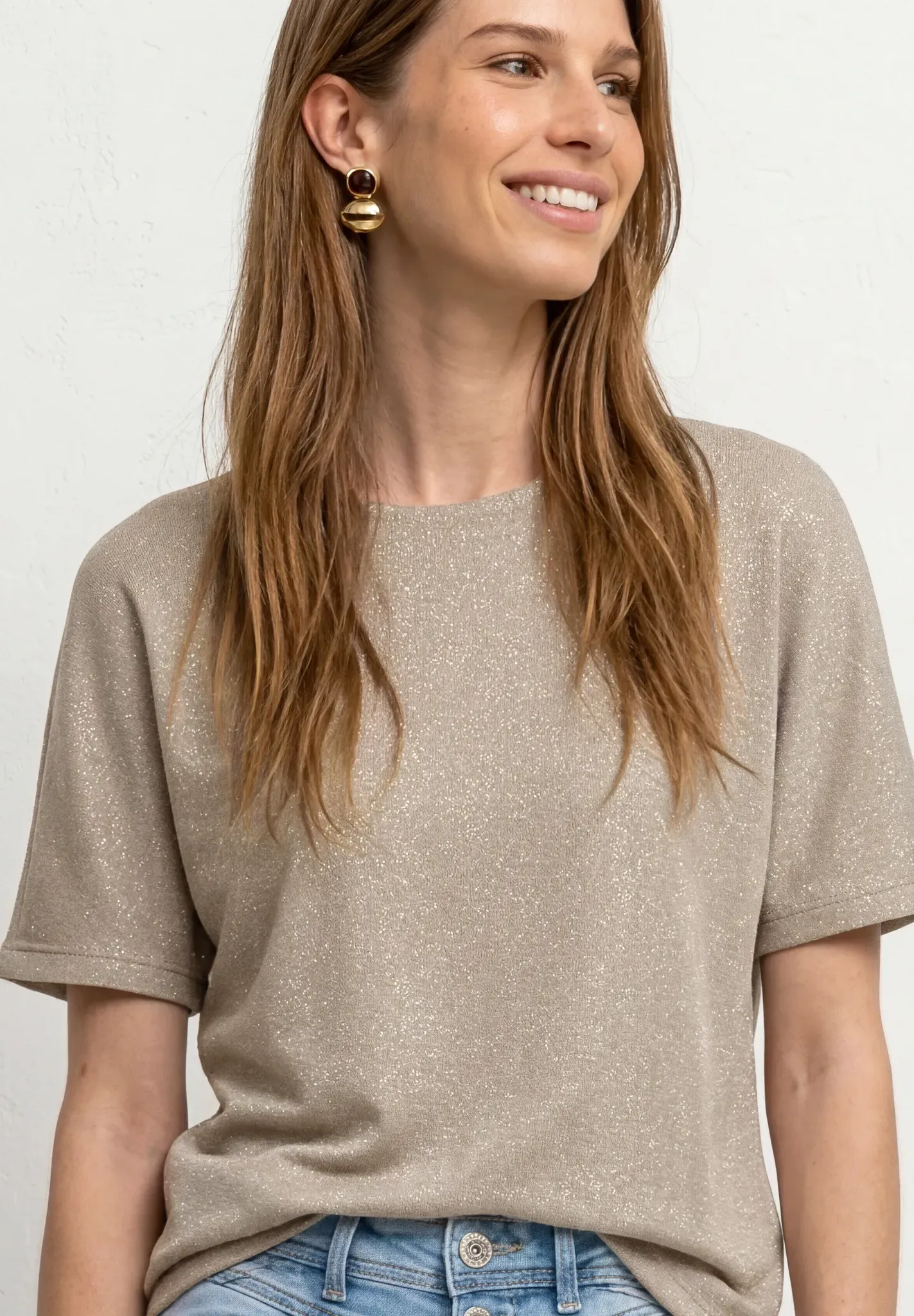 T-Shirt STREET ONE, Damen, Gr. 46, clay sand, Stoff, 53% Polyester, 29% Viskose, 10% Metallfasern, 8% Polyamid, unifarben, comfort fit normal, Rundhals, normaler Saum, Shirts T-Shirt, mit Glitzer-Details