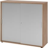 bümö Schiebetürenschrank "3OH" - Aktenschrank abschließbar, Sideboard Schrank mit Schiebetüren in Nussbaum/Silber - Büroschrank aus Holz mit