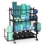 ZACHVO Hantelablage - Home Gym Aufbewahrung Gewichtsständer mit 360° Rädern, 8 Haken, Yogamatte & Ausrüstungsaufbewahrung, Platzsparender Fitness Organizer für Hanteln, Kugelhanteln, Yoga-Blöcke &