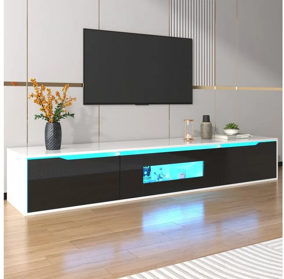 Merax Lowboard mit LED und Klapptüren, freistehend/hängend, TV-Schrank hochglanz, TV-Board Scandi, Breite:180cm schwarz