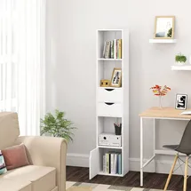 Woltu Bücherregal Bücherschrank, Standregal mit Schubladen, Regal mit Tür, Büroregal, Aufbewahrungsregal für Wohnzimmer Schalfzimmer, Weiß, 30 x 158 x 24 cm, SK028ws