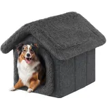 PillowPrim Haustierhütte Hundehaus Höhle Hundehütte Katzenhütte Hundehöhle Katzenhaus Hundekissen Katzenkissen Flauschiges Haus, Schwarz mit Grau, 46x52x53 cm