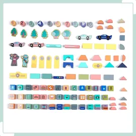 Relaxdays Holzbausteine Stadt im Set Blau,Grau,Rosa