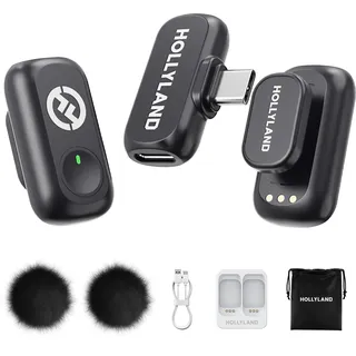 Hollyland Lark A1 Mini Duo Kabelloses Lavalier Mikrofon für iPhone 15/16/17 & Android, 48kHz/24-Bit, 3-Level-intelligentes Rauschen, Microphone für YouTube, Podcast, Vlogging (Schwarz, 2TX + USB-C RX)