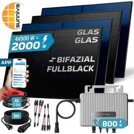 sunniva Balkonkraftwerk Full Black Bifazial 800 W inkl. 4 x 500 W N-Typ Glas-Glas Bifacial Module