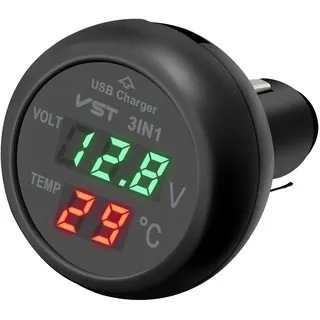 Giantdeer 12V Wasserdichtes Voltmeter Thermometer mit USB Anschluss, Voltmeter 12V Auto, Digitales Thermometer Auto für 12V/24V Fahrzeuge
