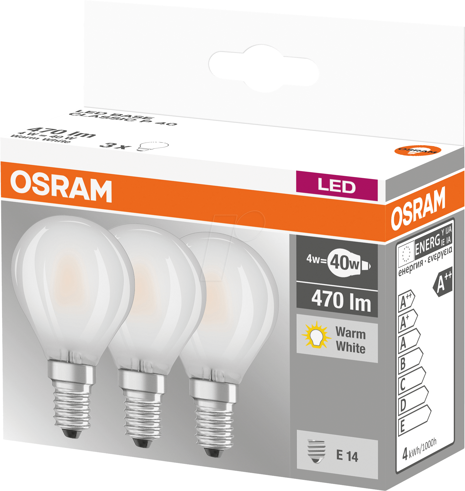 OSR 405807581939 - LED-Lampe BASE E14, 4 W, 470 lm, 2700 K, Filament, 3er-Pack