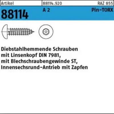 Sicherheitsschraube, Linsenkopf DIN 7981 ART 88114, 5,5 x 75 mit Pin-TORX T27