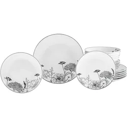 Teller-Set CREATABLE "Luna Black Flower, Tellerset 18-tlg", weiß, 18 tlg., Porzellan, Geschirr-Sets, Harmonische Coupeform