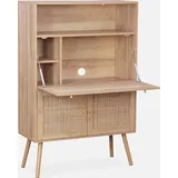 sweeek Schreibschrank / Sekretär, 2 Türen und Regale, Holzeffekt, und Rohrgeflecht, - Bohème