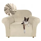 Sesselbezug 1 Sitzer 90-140cm - Samt - Hellbeige - Stretch Couchbezug - mit Schaumstoffrollen - Beige