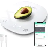 arboleaf Küchenwaage Digital mit App, 10kg/0.5g Küchenwaage Bluetooth mit Kalorienzähler, Küchenwaage USB aufladbar, grammgenaue Essenwaage mit Sicherheitsglas und Tara Funktion (Weiß)