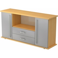 bümö Sideboard office Sideboard mit 2 Schübe & 2 Türen, Dekor: Buche/Silber - Griffe: Chromgriff braun