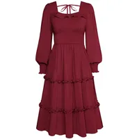 Belle Poque Damen Mittelalter Kleid Midi Langarm Rockabilly Abendkleid Gothic Kleid Rüschenkleid Rot S - S