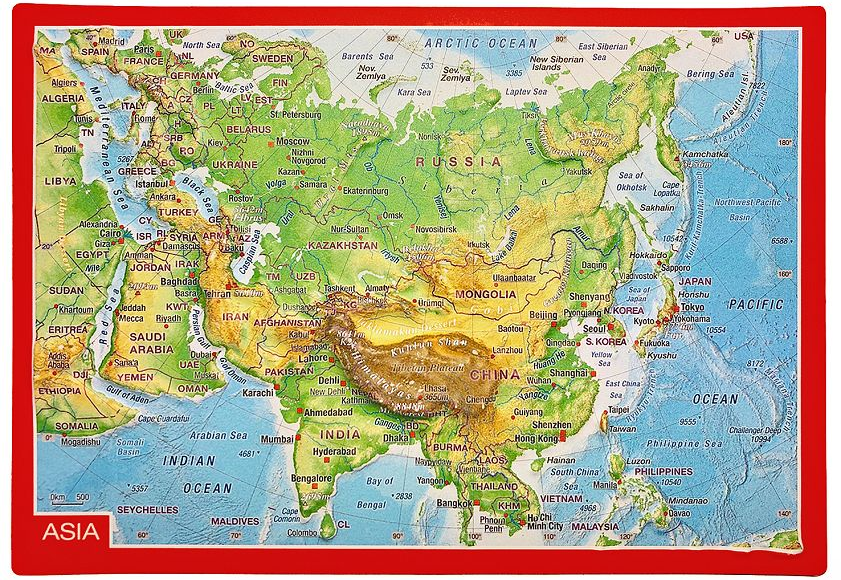Reliefpostkarte Asien - bunt