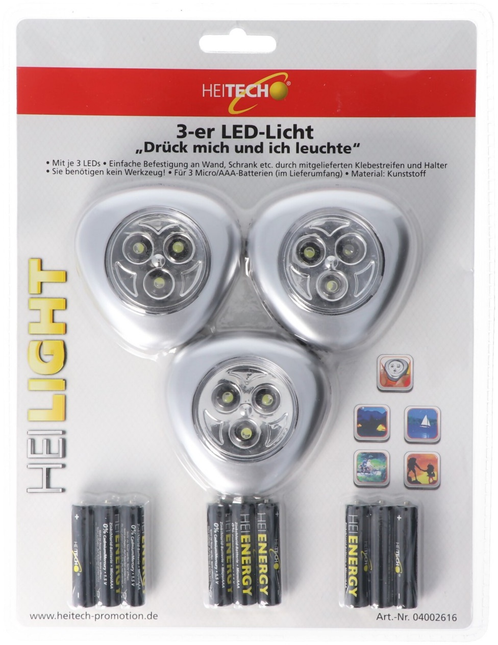 LED-Licht 3er-Set, Drück mich und ich leuchte, Mini LED-Leuchten, kabellos, inklusive Batterien