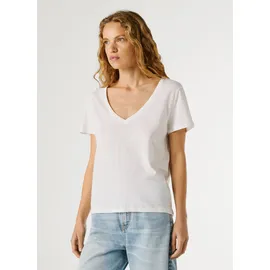 Pepe Jeans T-Shirt PEPE JEANS "MEGAN V-NECK", Damen, Gr. S, weiß, Leinenmischung, Obermaterial: 50% Baumwolle, 50% Leinen, unifarben, hüftlang, V-Ausschnitt, abgesteppte Kante, Shirts T-Shirt, im Materialmix mit Leinen