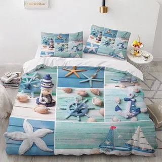 VASENA Bettwäsche 155x220 Leuchtturm Anker Bettbezug 3D Druck flauschig Hypoallergen Bettwäsche-Set 3Teilig Teenager Jungen Mädchen Mikrofaser Maritimes Thema Betten Set