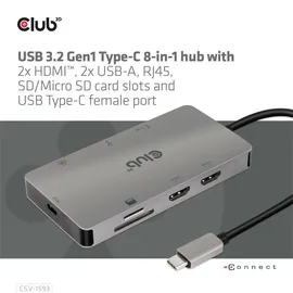 Club 3D Club3D Usb-8-In1-Hub Usb-C > 2Xhdmi/2Xusb/Usb-C/Rj45/Sd/Msd - Silber