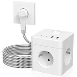 Steckdosenwürfel, Steckdosenleiste mit 4 USB, Mehrfachsteckdose mit 2 USB C, Steckerleiste mit Schalter, 4 Fach Power Strip, Mehrfachsteckdosen mit Flachstecker - 3M Kabel - Weiß