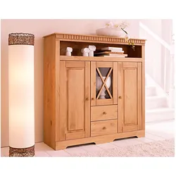 Highboard HOME AFFAIRE "Lisa", beige (natur gebeizt, gewachst), B:130cm H:125cm T:35cm, Massivholz, Sideboards, Stauraumschrank aus massivem Kiefernholz, mit dekorativen Fräsungen