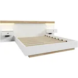 MeraxMerax Bettanlage Holzbett 180x200 Doppelbett mit 2 LED Nachtkommoden & 1 USB & 1 Type C & 1 Steckdose & Lattenrost Beige & Weiß