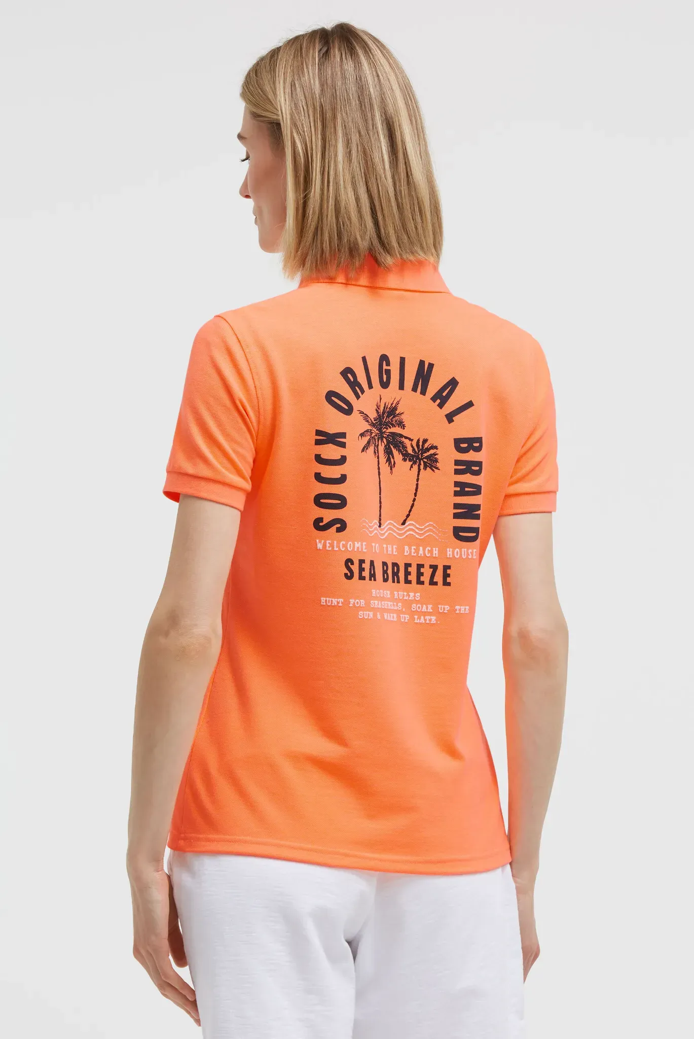 Poloshirt SOCCX, Damen, Gr. XL, electric orange, Piqué, Material: 60% Polyester, 35% Baumwolle, 5% Elasthan, bedruckt, regular fit normal, hoch geschlossener Ausschnitt, eingesetzt Bündchen, Shirts, mit Puff-Print