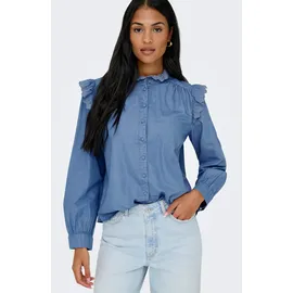 Only Jeansbluse "ONLPIPER L/S EMB FRILL DNM SHIRT QYT", Damen, Gr. S, blau (medium blau denim), Web, Obermaterial: 65% Baumwolle, 35% Lyocell, unifarben, regular fit normal, Blusen Jeansbluse, mit Rüschen