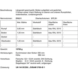 plasteo plasteo® 216 Liter Stahlfass Metallfass Spundfass Stahlbehälter | Blau | UN-Zulassung | DE | Lagerung Transport Aufbewahrung | Industriequalität
