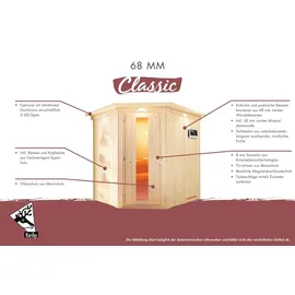Karibu Sauna Gobin mit Fronteinstieg 68 mm-Ohne Ofen-Ohne Dachkranz-Klarglas Ganzglastür inkl. 10-teiligem gratis Saunaset im Wert von 232,94 €