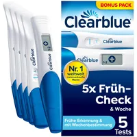 Clearblue Schwangerschaftstest 5x Früh-Check & Woche Bonus Pack, Ergebnisse 6 Tage früher (visuelle Teststäbchen) & mit Anzeige der Wochen (digitales Teststäbchen), 5 Tests (1 digital, 4 visuell)