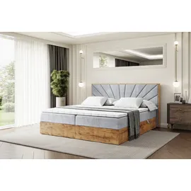 altdecor Boxspringbett LOLLI6 mit H4-Matratze + Topper, Kopfteil und Bettkasten mit Eiche Holz - 180x200 - Hellgrau Samt Monolith - Hellgrau
