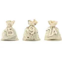 Adventskalender Säckchen zum Befüllen 10x13cm mit Holzzahlen 24 Stoffsäckchen befüllbar & wiederverwendbar Weihnachtskalender zum Selbstbefüllen