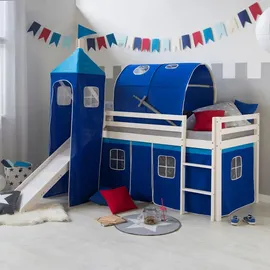 Homestyle4u Hochbett 90x200 mit Vorhang Turm Tunnel Blau, Holz, Kinder- & Jugendzimmer, Kindermöbel, Kinderbetten, Hochbetten
